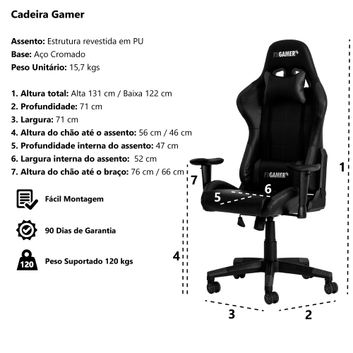 Cadeira Gamer ii Reclinável 180º Giratória Preto e Branco Altura