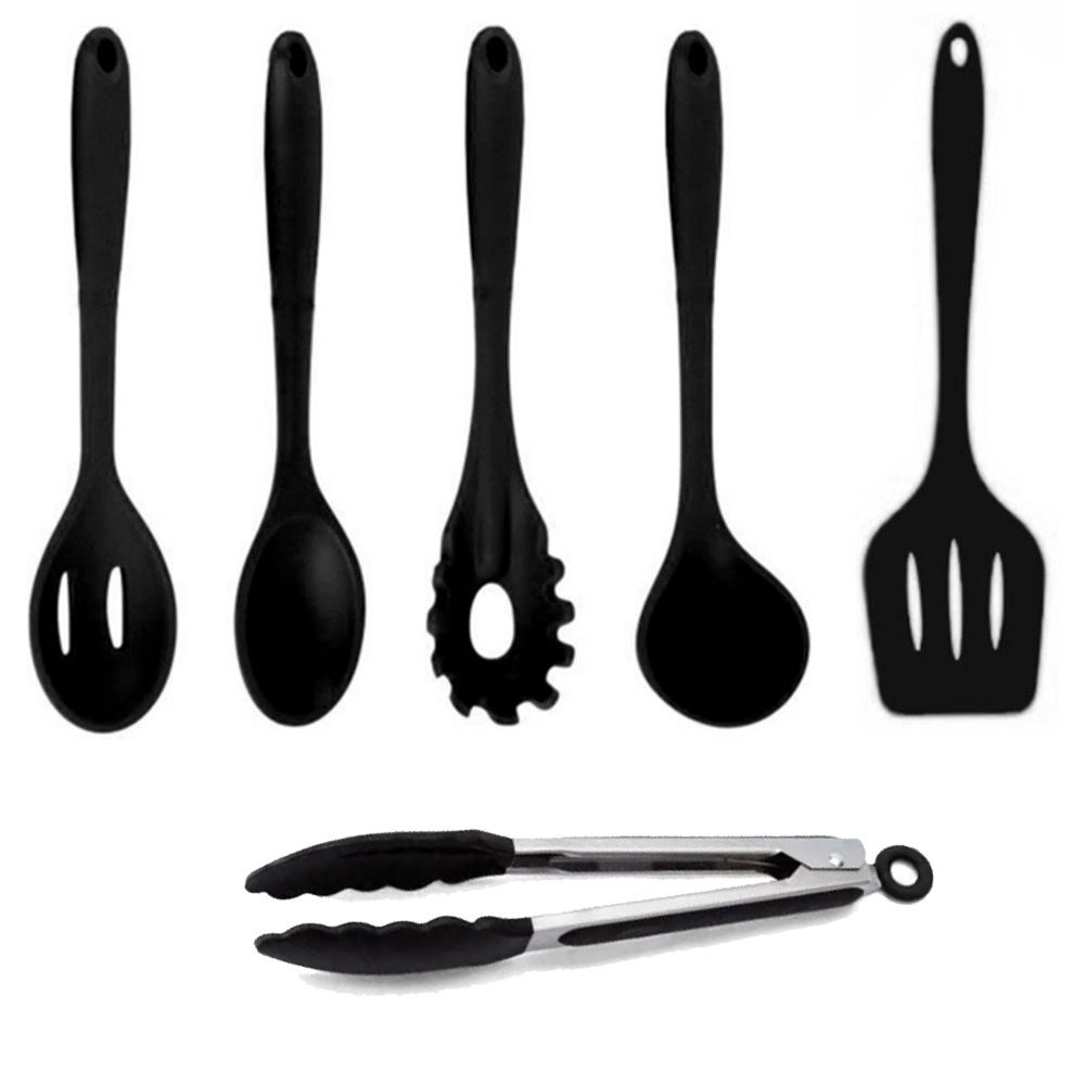 Conjunto Kit Jogo Colheres Utensílios Silicone Maciço Preto 6 Peças