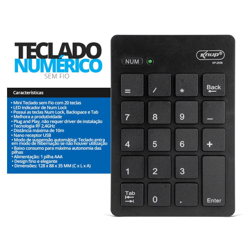 Teclado Numérico Sem Fio USB Wireless 20 Teclas Knup KP 2038 no Shoptime