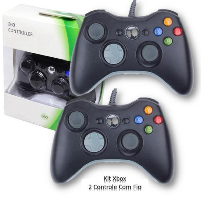 Kit 2 Controle Fio Xbox 360 E Pc Slim Joystick No Shoptime