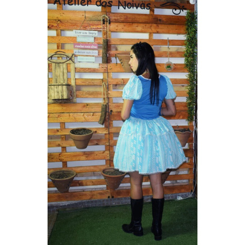 Vestido De Festa Junina Caipira Adulto Luva E Fitas De Cabelo Azul