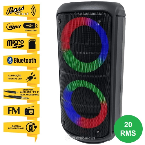 Caixa De Som Torre Bluetooth Amplificada LEDs Usb Sd P2 Radio Fm Grasep