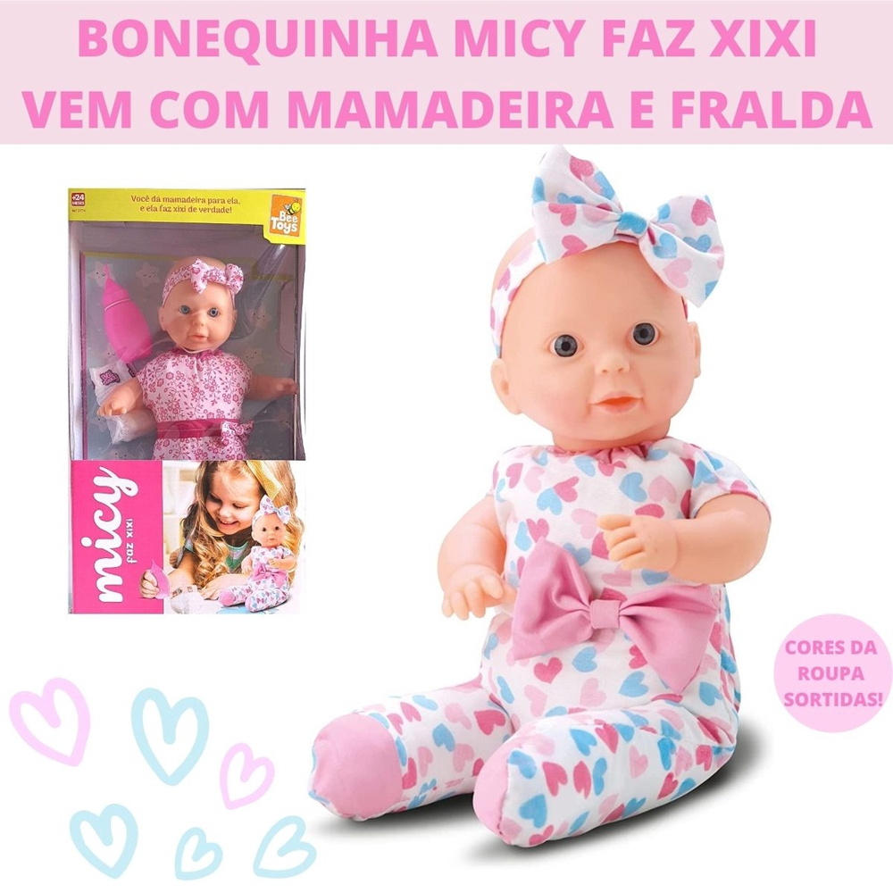 Boneca Faz Xixi Mamadeira E Fraldinha Micy Menina Infantil Bebe