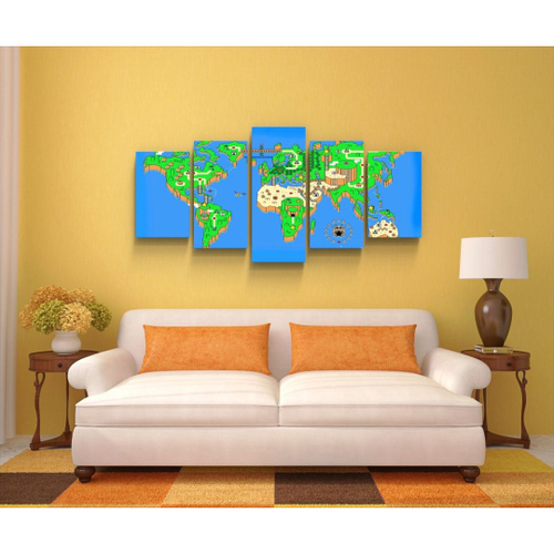 Conjunto 5 Quadros Decorativos Mosaico Caixa Alta Mapa Mundi Video Game