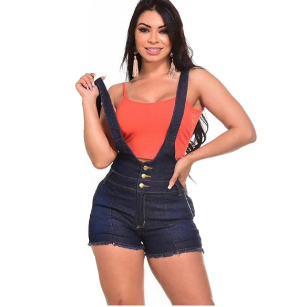 shorts jeans cintura alta com suspensorio