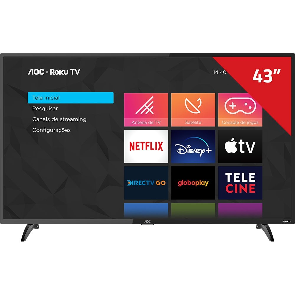 Smart TV AOC Roku LED 43'' 43S5195/78 com Wi-fi, FullHD, Controle Remoto com atalhos, Roku Mobile, Miracast, Entradas HDMI e USB