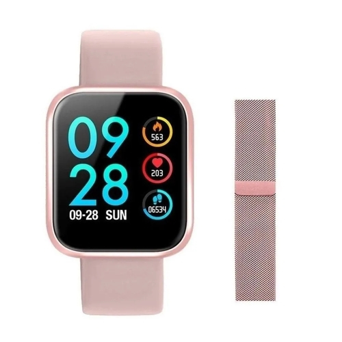 Relogio Smartwatch P80 Rose 2 Pulseiras Milanesa Silicone Touch Bluetooth Player Papel De Parede No Shoptime