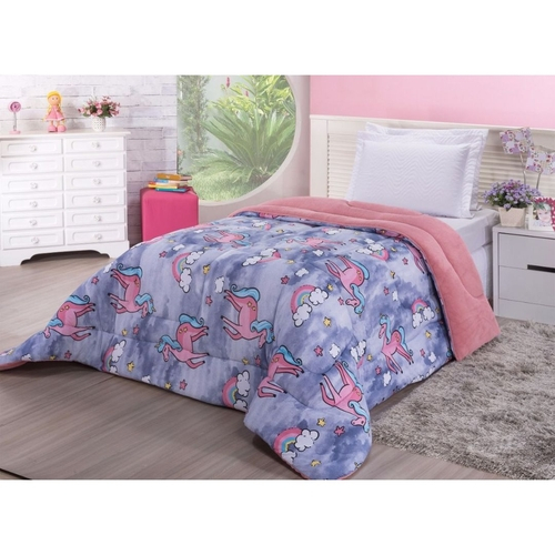 Coberdrom Malha Solteiro Infantil Unicornio Dupla Face Cobertor Edredom No Shoptime