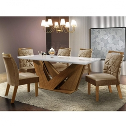 Conjunto Sala de Jantar Mesa Tampo MDF e 6 Cadeiras Apolo Chanfro Premium LJ Móveis Castanho Fosco/Pena Caramelo é boa?