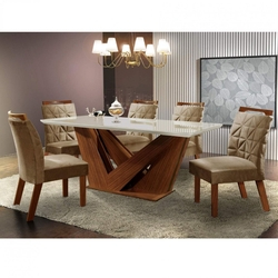 Conjunto Sala de Jantar Mesa Tampo MDF e 6 Cadeiras Apolo Chanfro Premium LJ Móveis Castanho Premio/Pena Caramelo é boa?