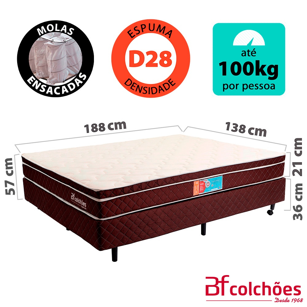 Cama Box Colchão Casal Pillow Top Mola Ensacada e Espuma Selada Confort 138x188x57cm - BF Colchões
