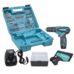 Menor preço em Parafusadeira / Furadeira Impacto Makita 3/8 HP330DWEX3 com 02 Baterias + Carregador Bivolt + Coldre + Maleta e Jogo de Brocas e Bits (74pc)