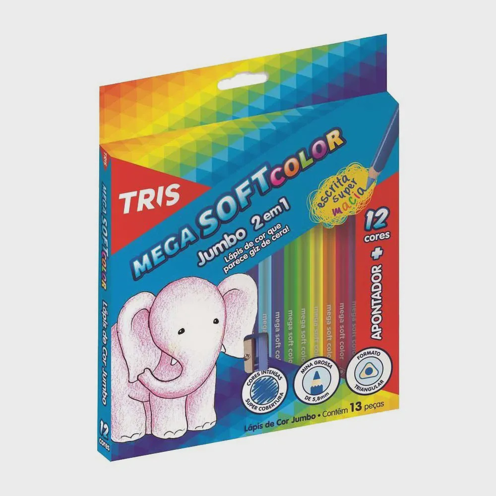 Lápis de Cor 12 cores Mega Soft Jumbo + apontador - Tris no Shoptime