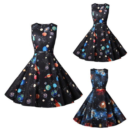Vintage Universe Planet Print Sem Mangas Em Volta Do Pescoco Feminino Vestido Slim Midi Swing No Shoptime