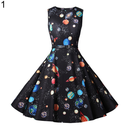Vintage Universe Planet Print Sem Mangas Em Volta Do Pescoco Feminino Vestido Slim Midi Swing No Shoptime