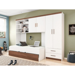 Quarto Juvenil Completo Chiara - Roupeiro, Módulo Aéreo e Bi-cama - Branco/Carvalho Menor preço em Quarto Juvenil Completo Chiara - Roupeiro, Módulo Aéreo e Bi-cama - Branco/Carvalho