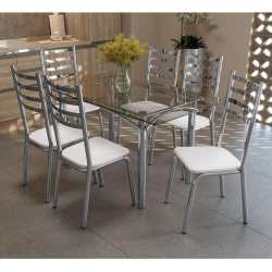 Conjunto Mesa Retangular de Vidro e 6 Cadeiras Kappesberg Cromado/Branco Menor preço em Conjunto Mesa Retangular de Vidro e 6 Cadeiras Kappesberg Cromado/Branco