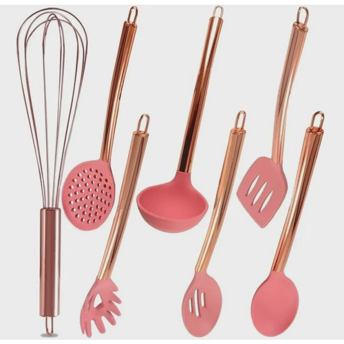 Jogo Kit 7 Utensílios Cozinha Silicone Rosa Inox Rose Gold No Shoptime