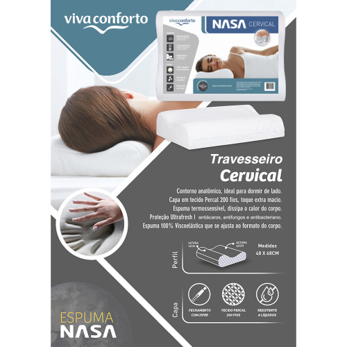 Travesseiro Nasa Cervical Anatômico Ortopédico Capa Percal 200 Fios 100 ...