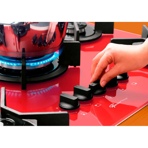 Cooktop Fischer 5 Bocas a Gás Tripla Chama Bivolt Mesa Vidro Rouge no